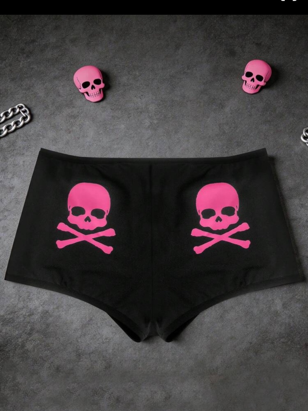Black Women's Skull-Print Boyshorts with Pink Accents